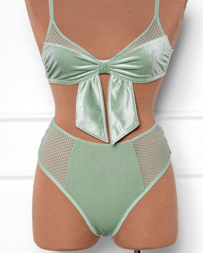 High Waist Velvet Open Back Panty - Misty Jade - Mentionables