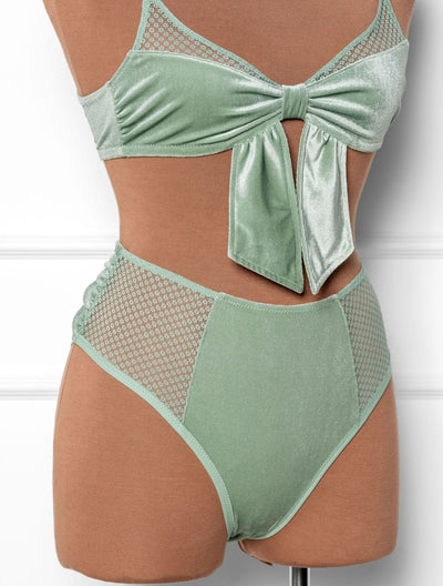 High Waist Velvet Open Back Panty - Misty Jade - Mentionables