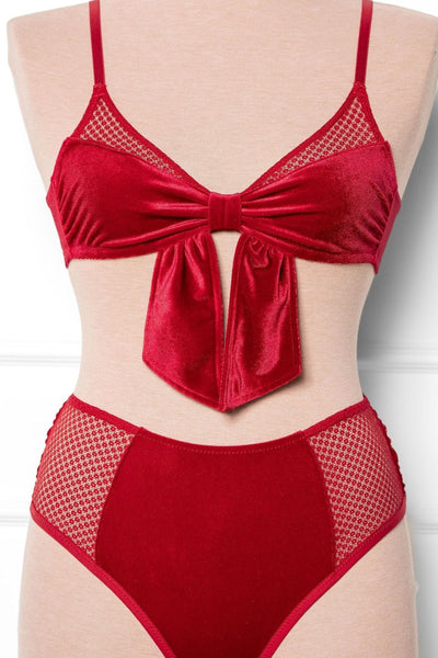 High Waist Velvet Open Back Panty - Red - Mentionables