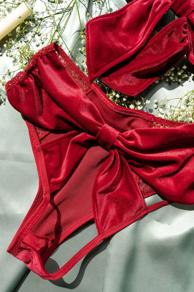 High Waist Velvet Open Back Panty - Red - Mentionables