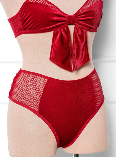 High Waist Velvet Open Back Panty - Red - Mentionables