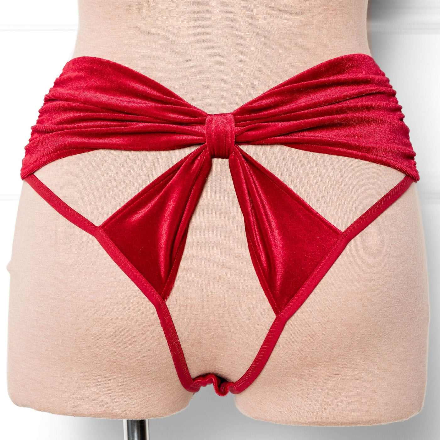 High Waist Velvet Open Back Panty - Red - Mentionables