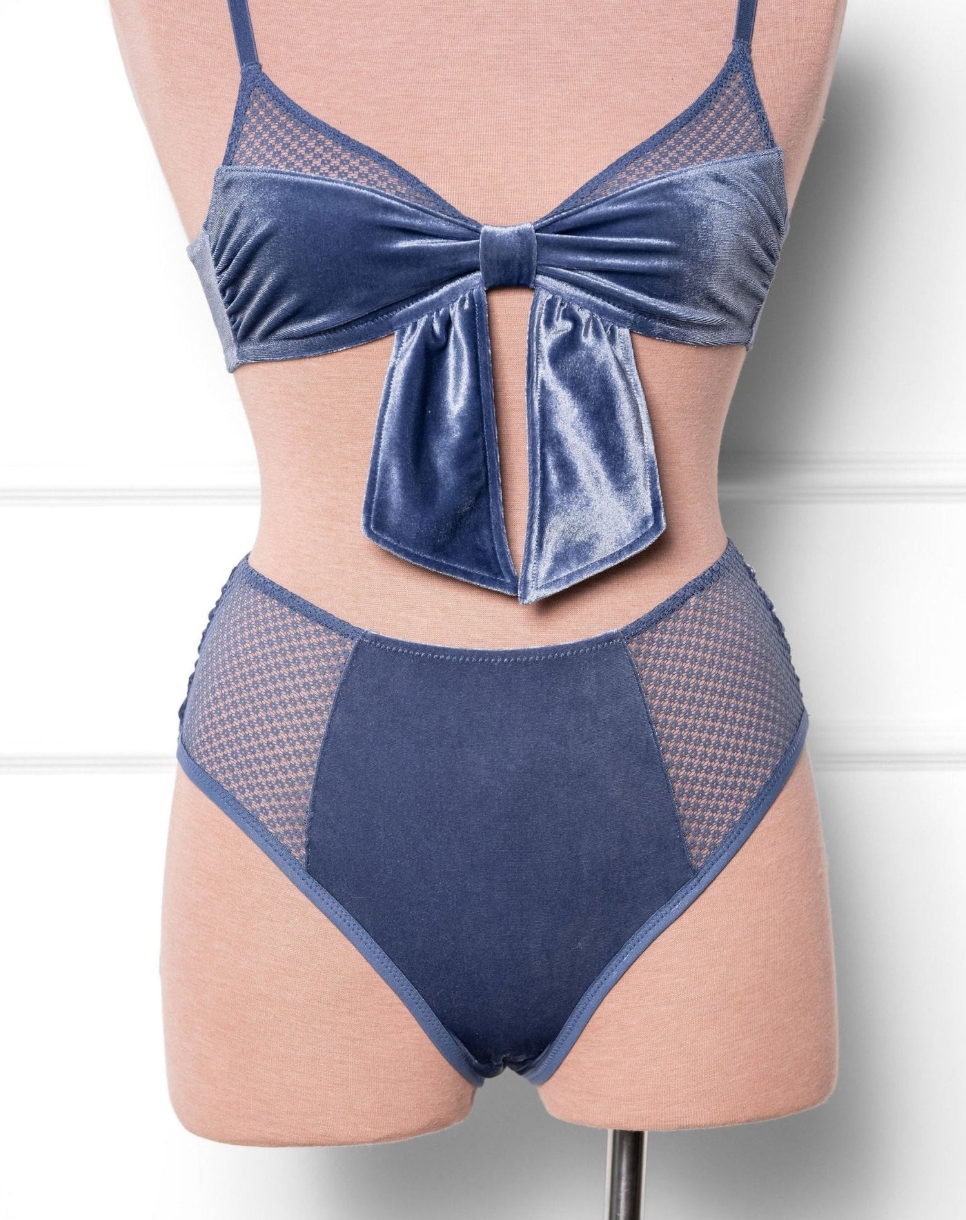 High Waist Velvet Open Back Panty - Winter Blue - Mentionables