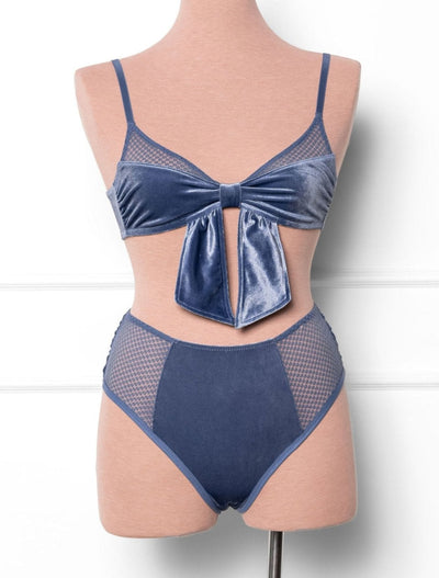 High Waist Velvet Open Back Panty - Winter Blue - Mentionables