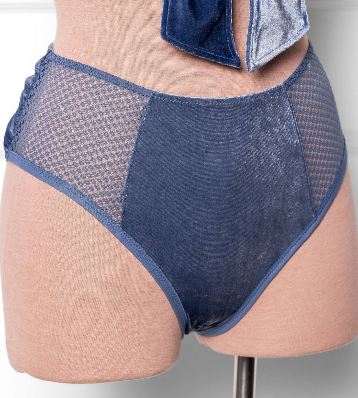 High Waist Velvet Open Back Panty - Winter Blue - Mentionables