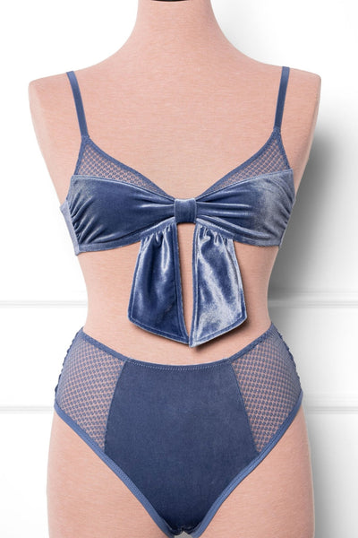 High Waist Velvet Open Back Panty - Winter Blue - Mentionables