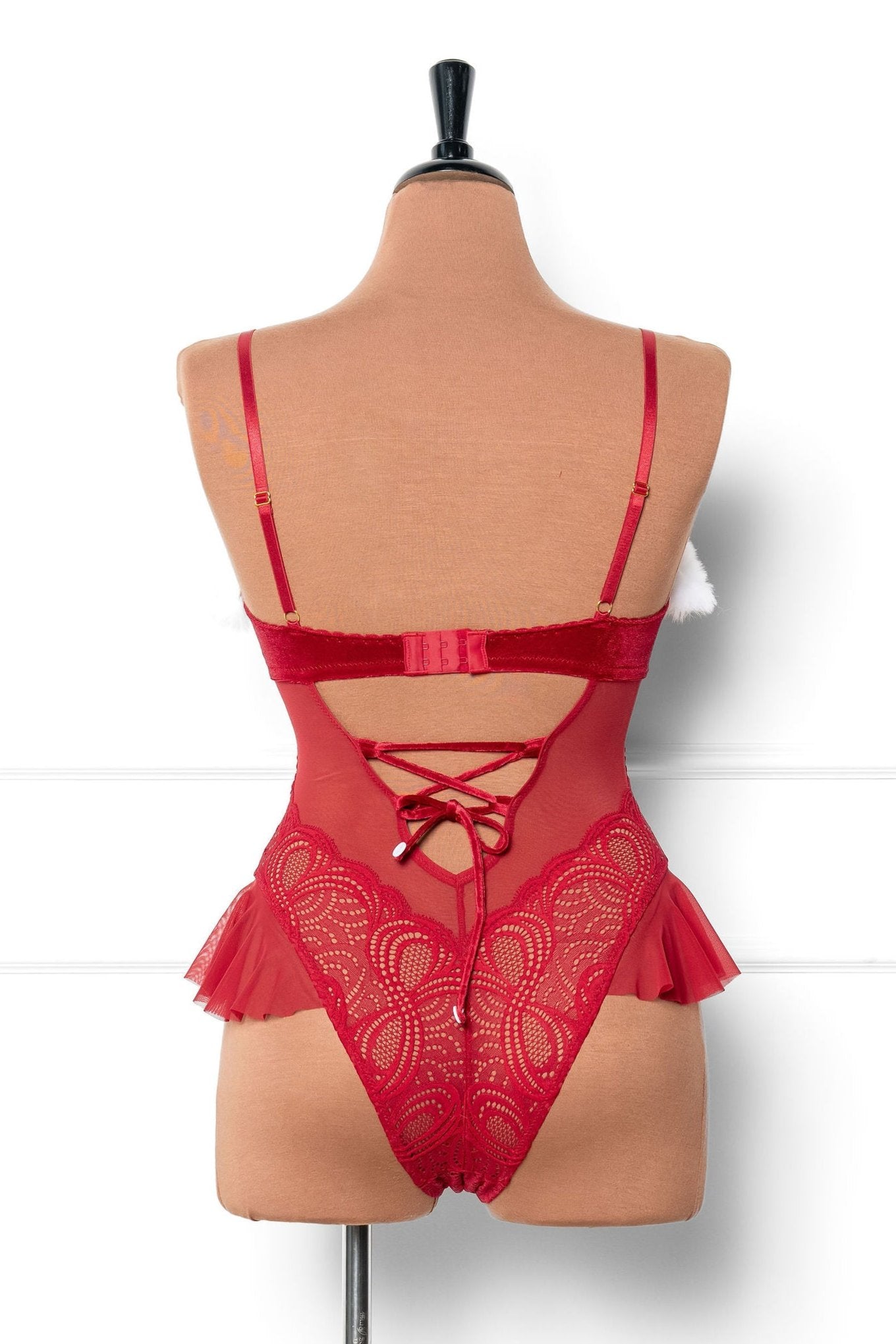 Lace and Velvet Crotchless Teddy - Red - Mentionables