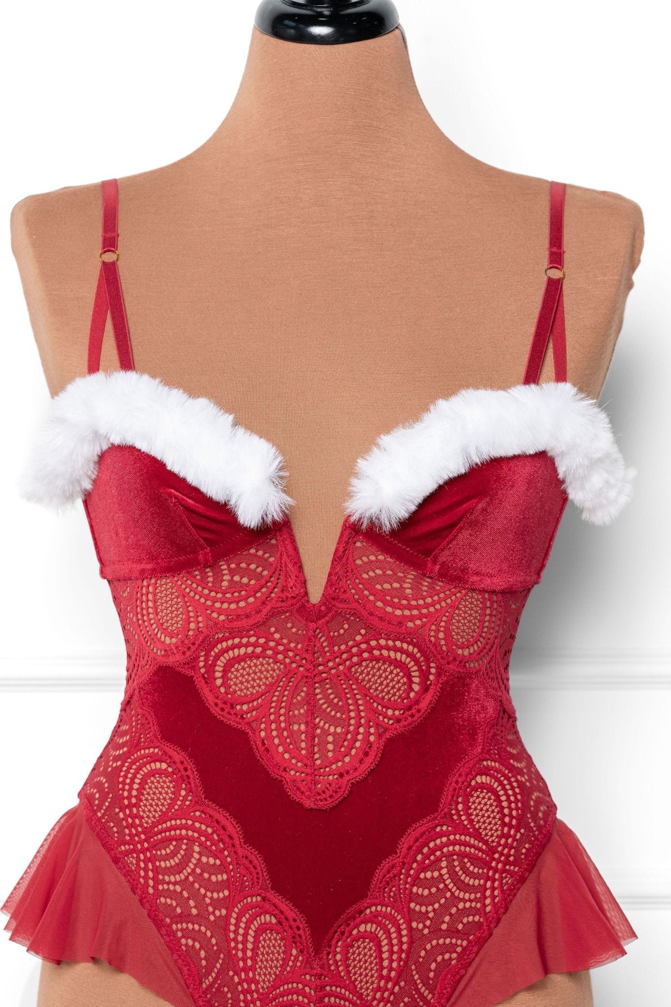 Lace and Velvet Crotchless Teddy - Red - Mentionables