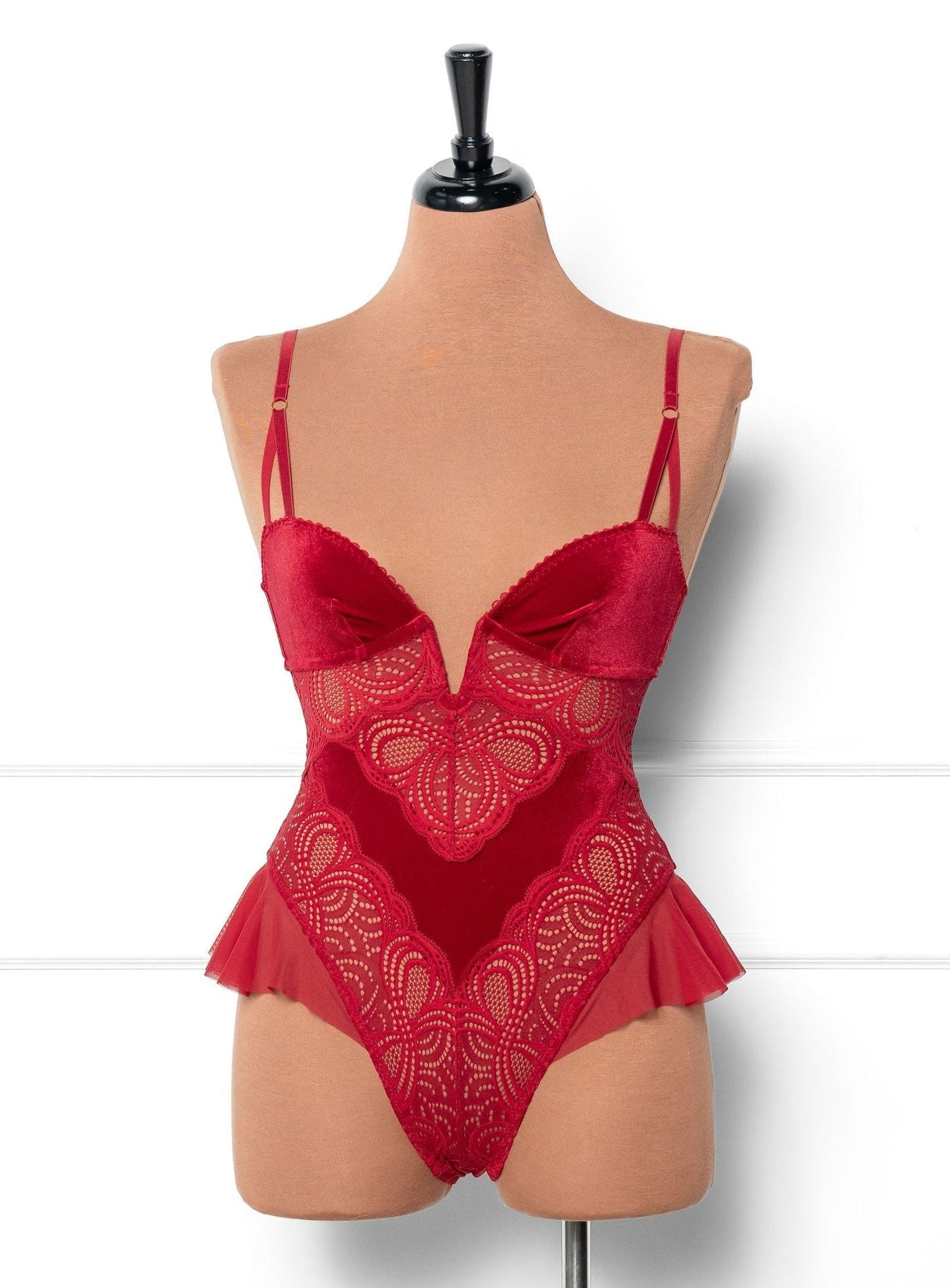 Lace and Velvet Crotchless Teddy - Red - Mentionables