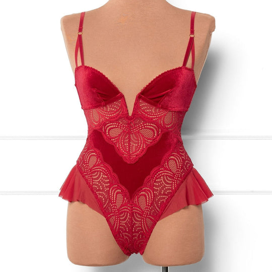 Lace and Velvet Crotchless Teddy - Red - Mentionables