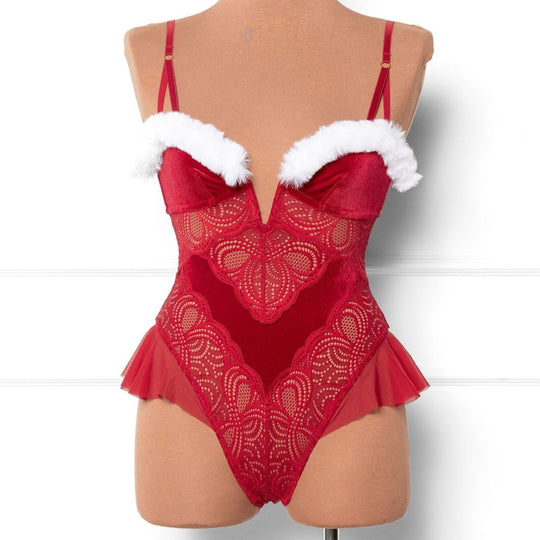 Lace and Velvet Crotchless Teddy - Red - Mentionables