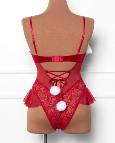 Lace and Velvet Crotchless Teddy - Red - Mentionables