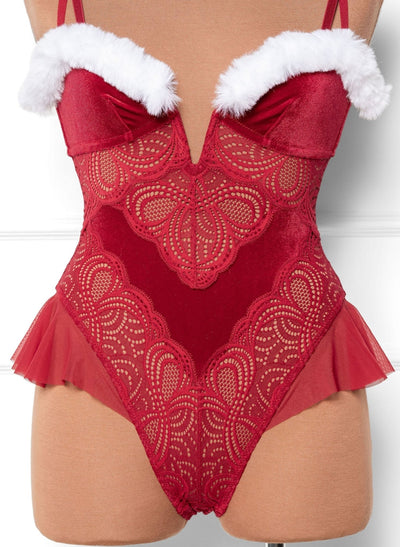 Lace and Velvet Crotchless Teddy - Red - Mentionables