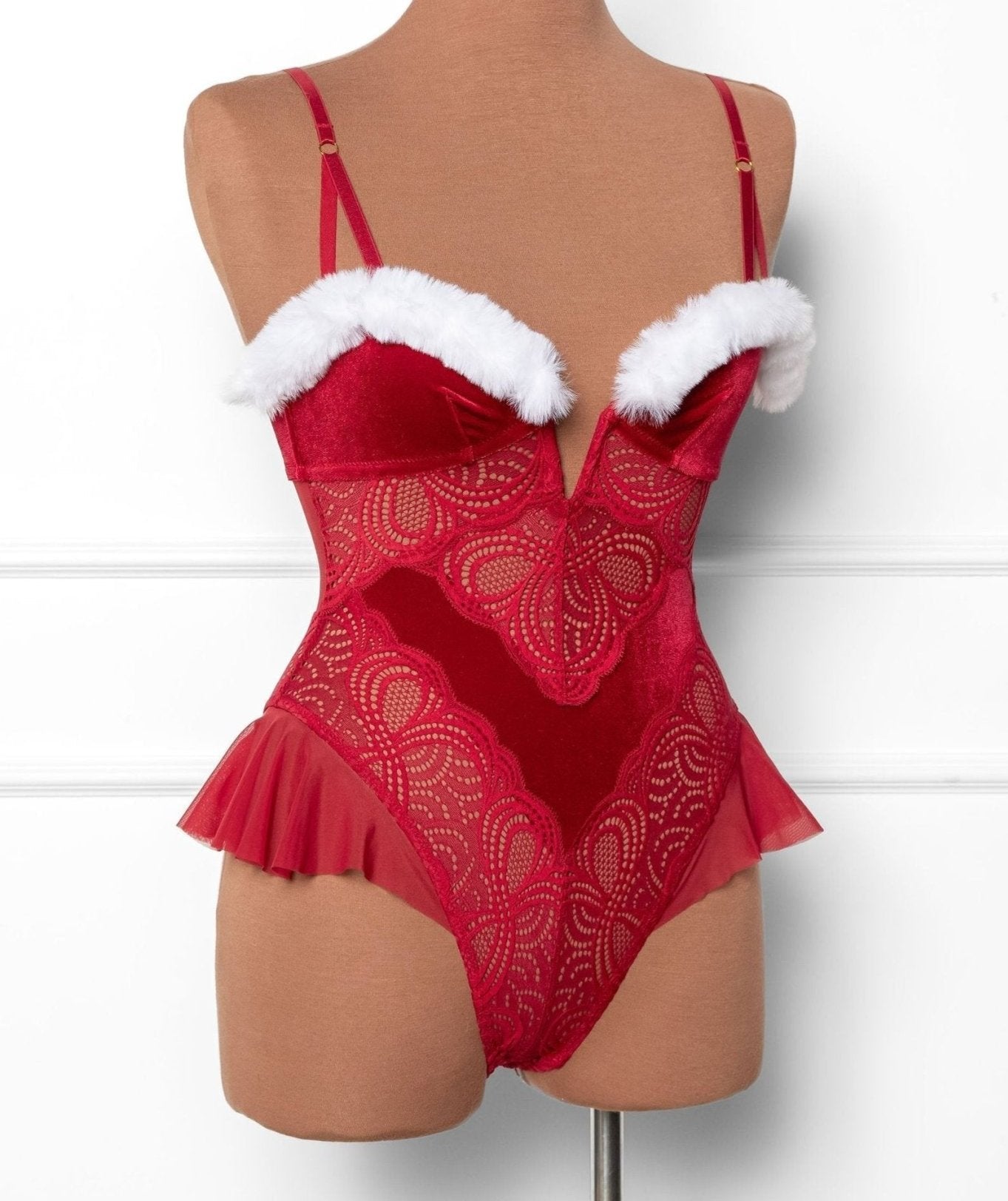 Lace and Velvet Crotchless Teddy - Red - Mentionables