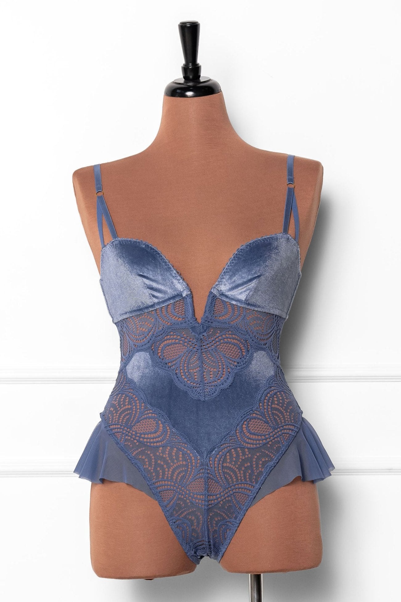 Lace and Velvet Crotchless Teddy - Winter Blue - Mentionables