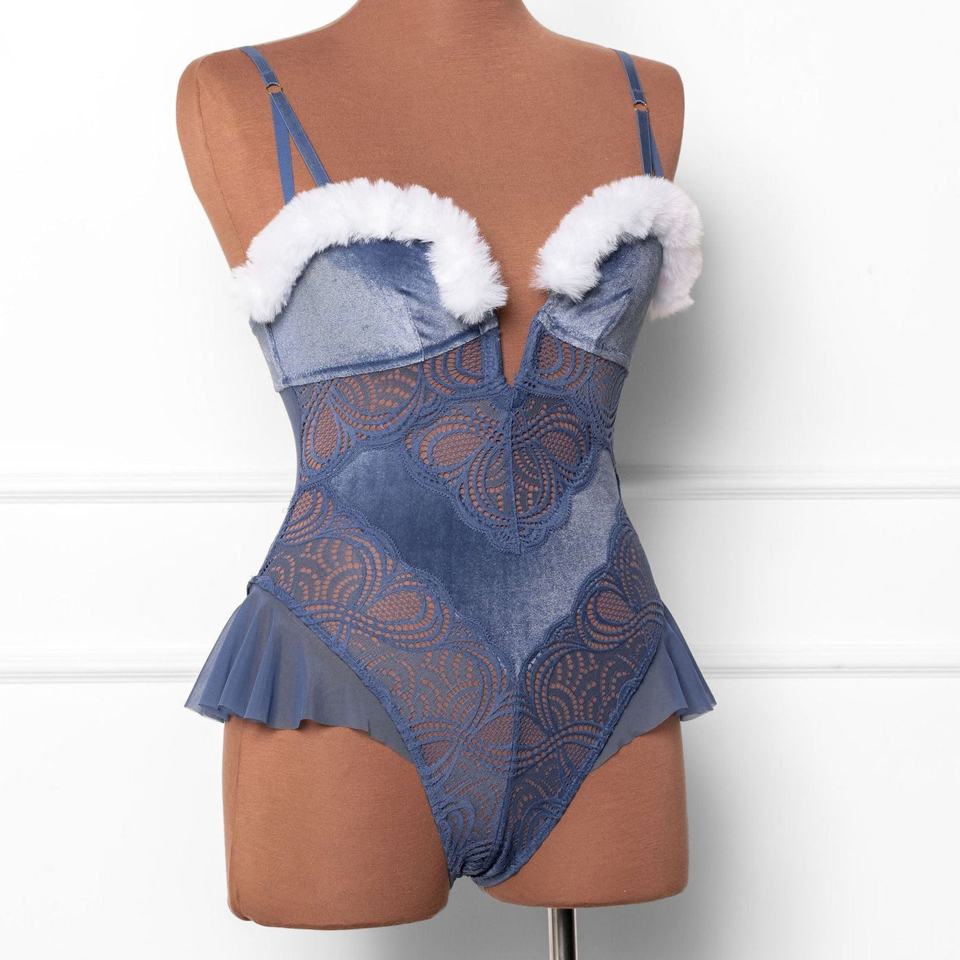 Lace and Velvet Crotchless Teddy - Winter Blue - Mentionables