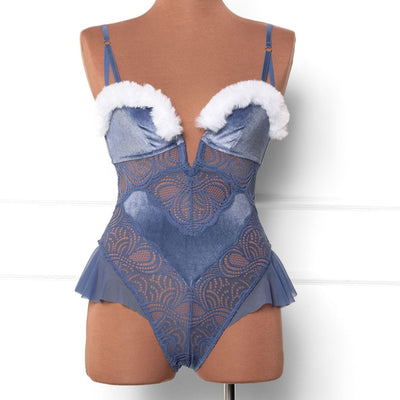 Lace and Velvet Crotchless Teddy - Winter Blue - Mentionables