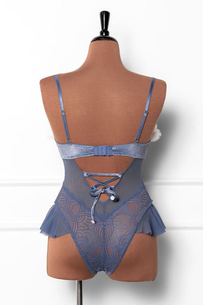 Lace and Velvet Crotchless Teddy - Winter Blue - Mentionables