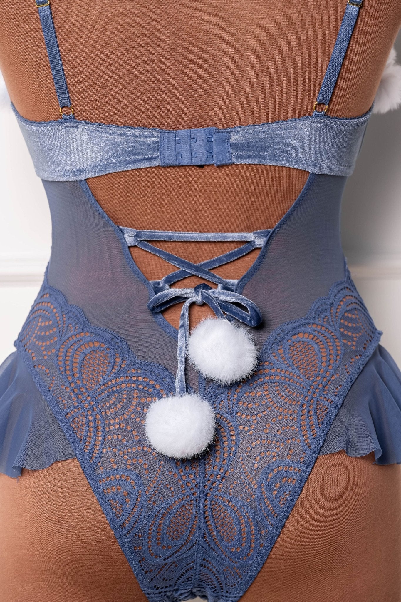 Lace and Velvet Crotchless Teddy - Winter Blue - Mentionables