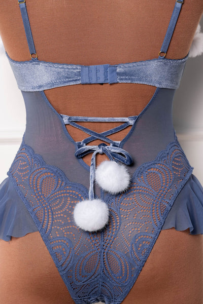 Lace and Velvet Crotchless Teddy - Winter Blue - Mentionables