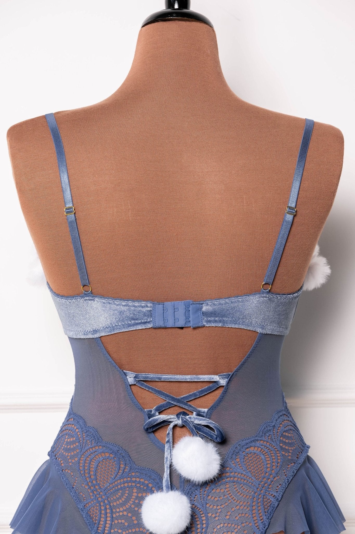 Lace and Velvet Crotchless Teddy - Winter Blue - Mentionables