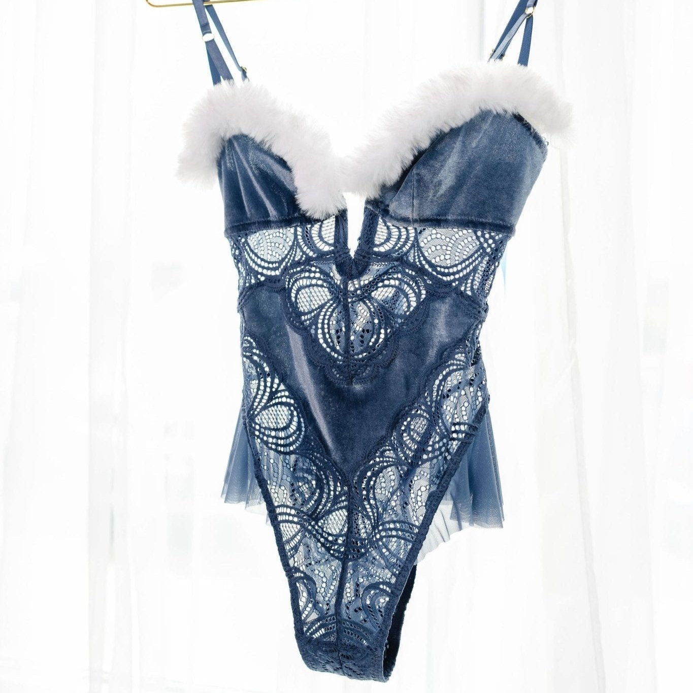 Lace and Velvet Crotchless Teddy - Winter Blue - Mentionables