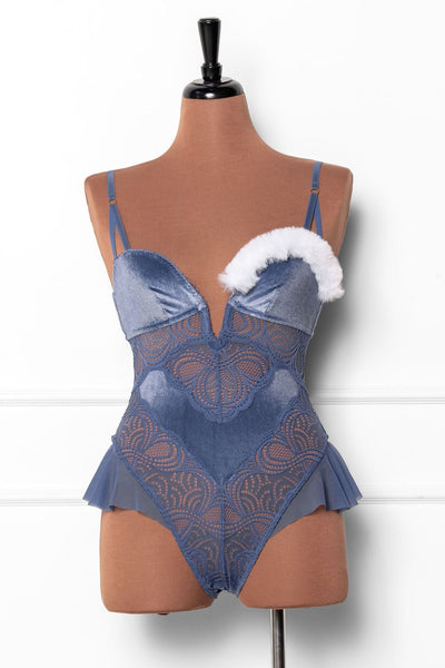 Lace and Velvet Crotchless Teddy - Winter Blue - Mentionables