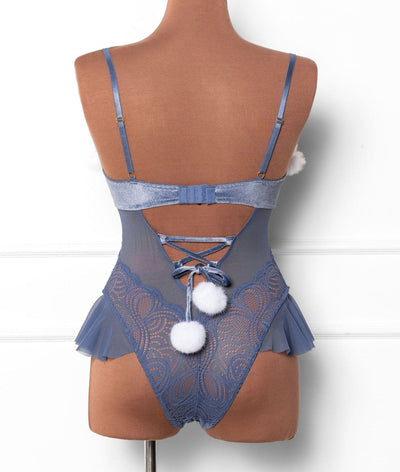 Lace and Velvet Crotchless Teddy - Winter Blue - Mentionables