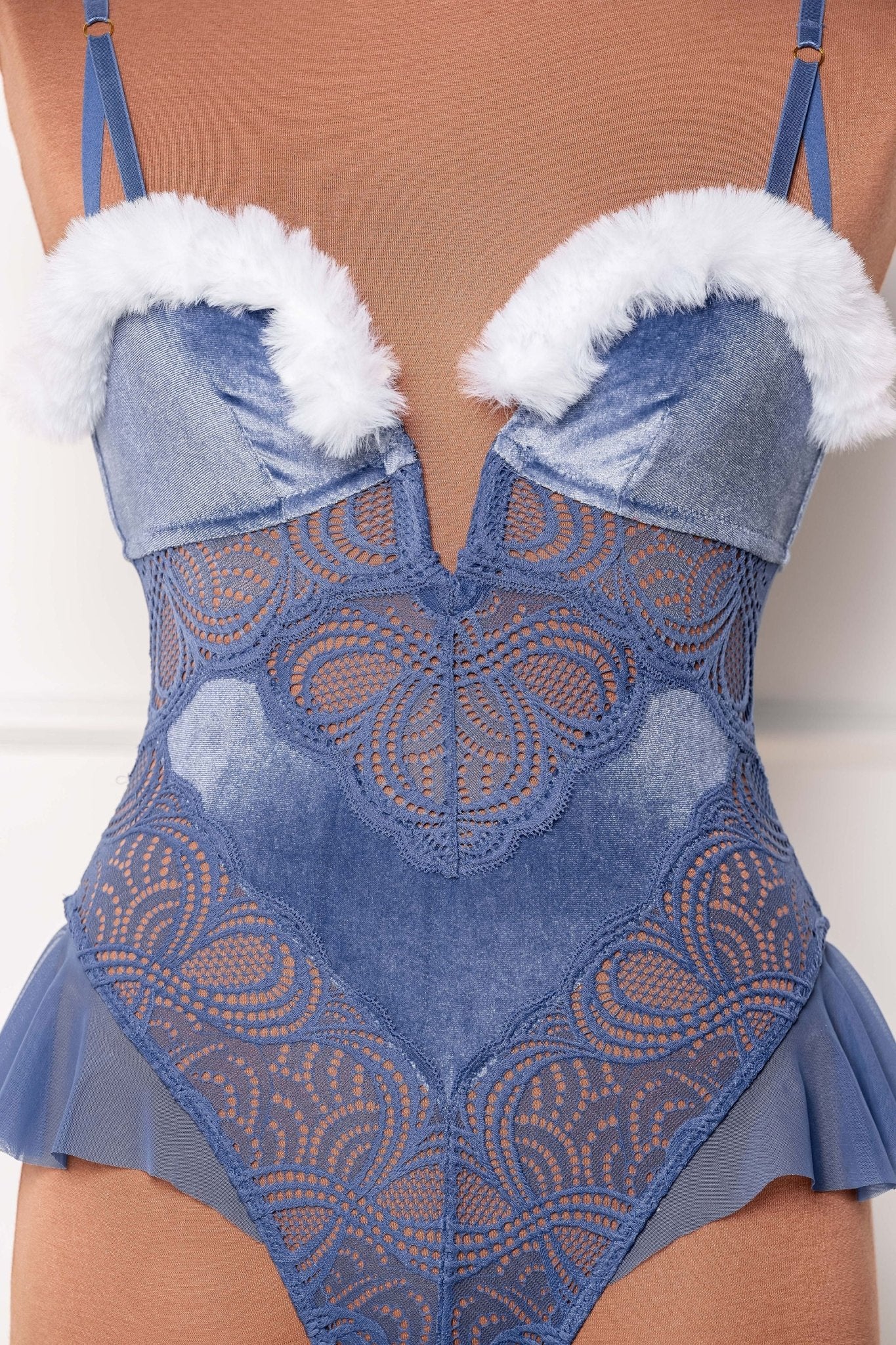 Lace and Velvet Crotchless Teddy - Winter Blue - Mentionables