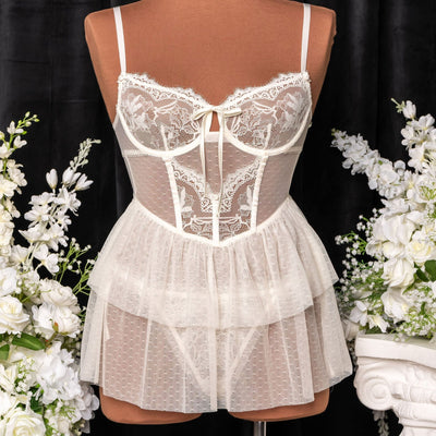 Lace & Mesh Bustier Tiered Babydoll - Pearl - Mentionables