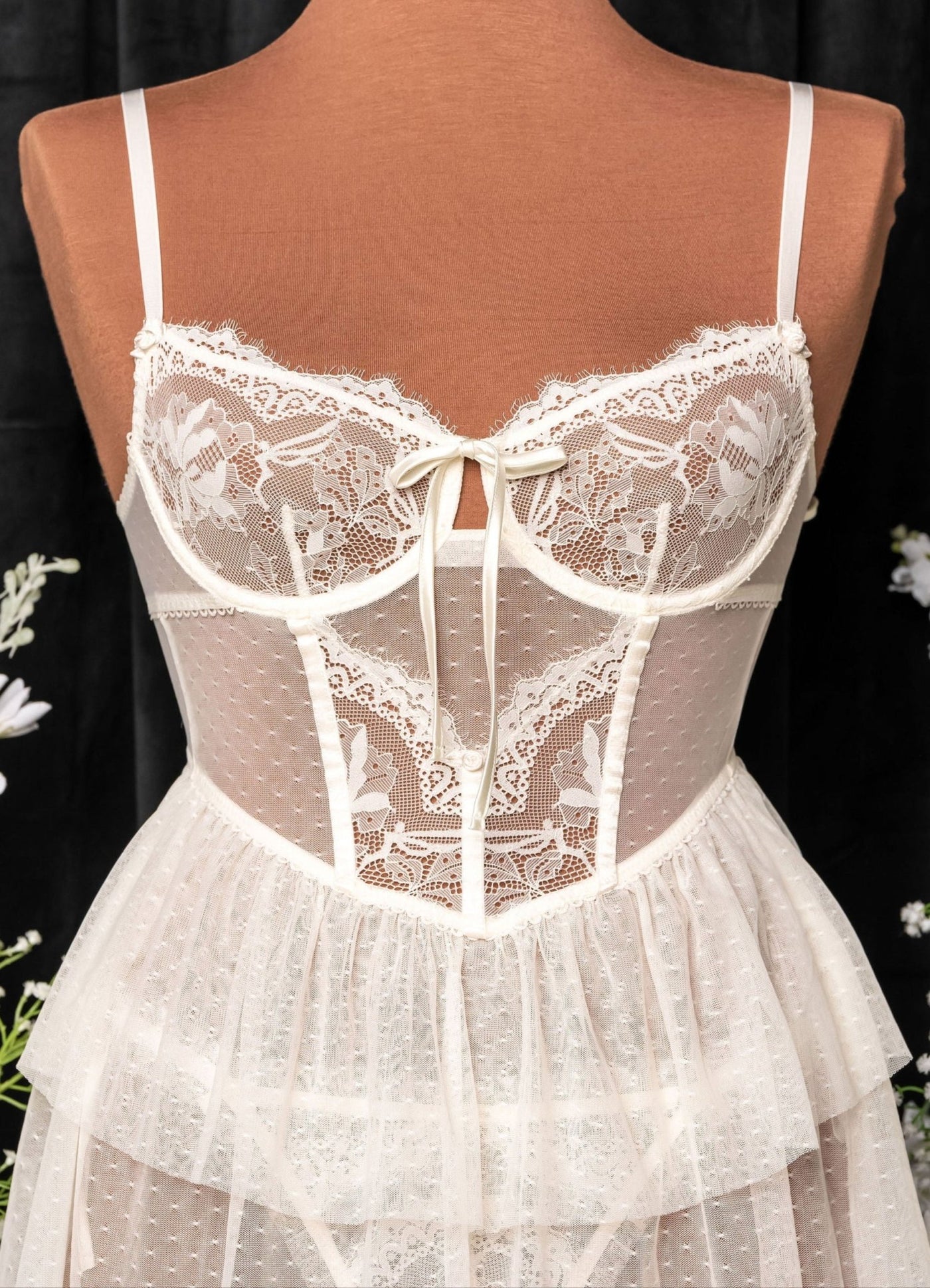 Lace & Mesh Bustier Tiered Babydoll - Pearl - Mentionables