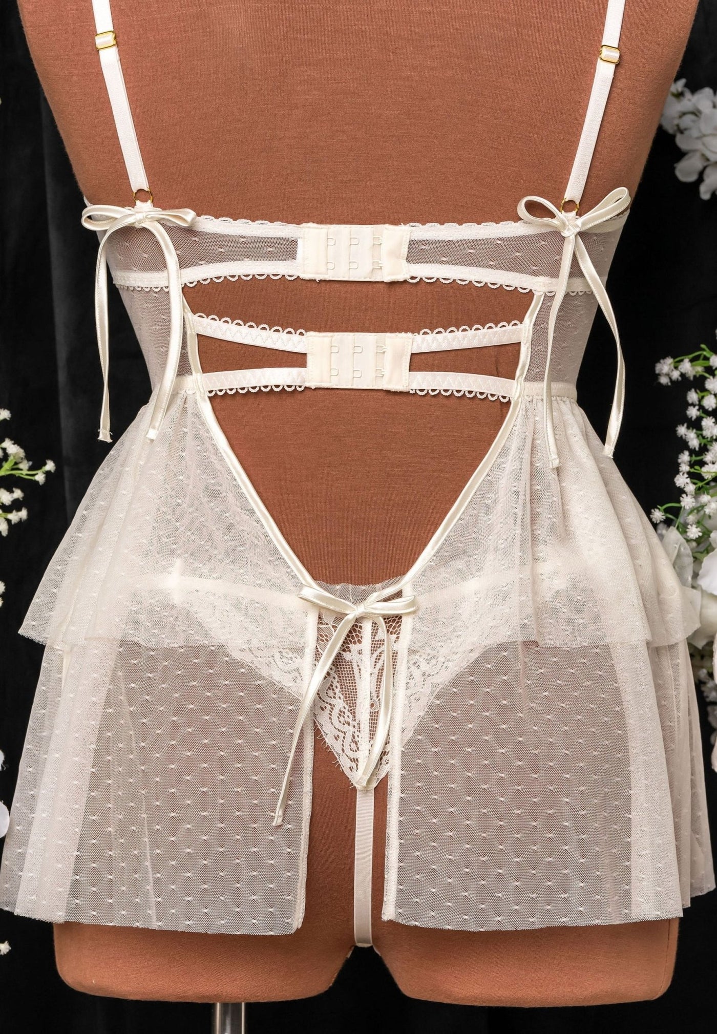 Lace & Mesh Bustier Tiered Babydoll - Pearl - Mentionables