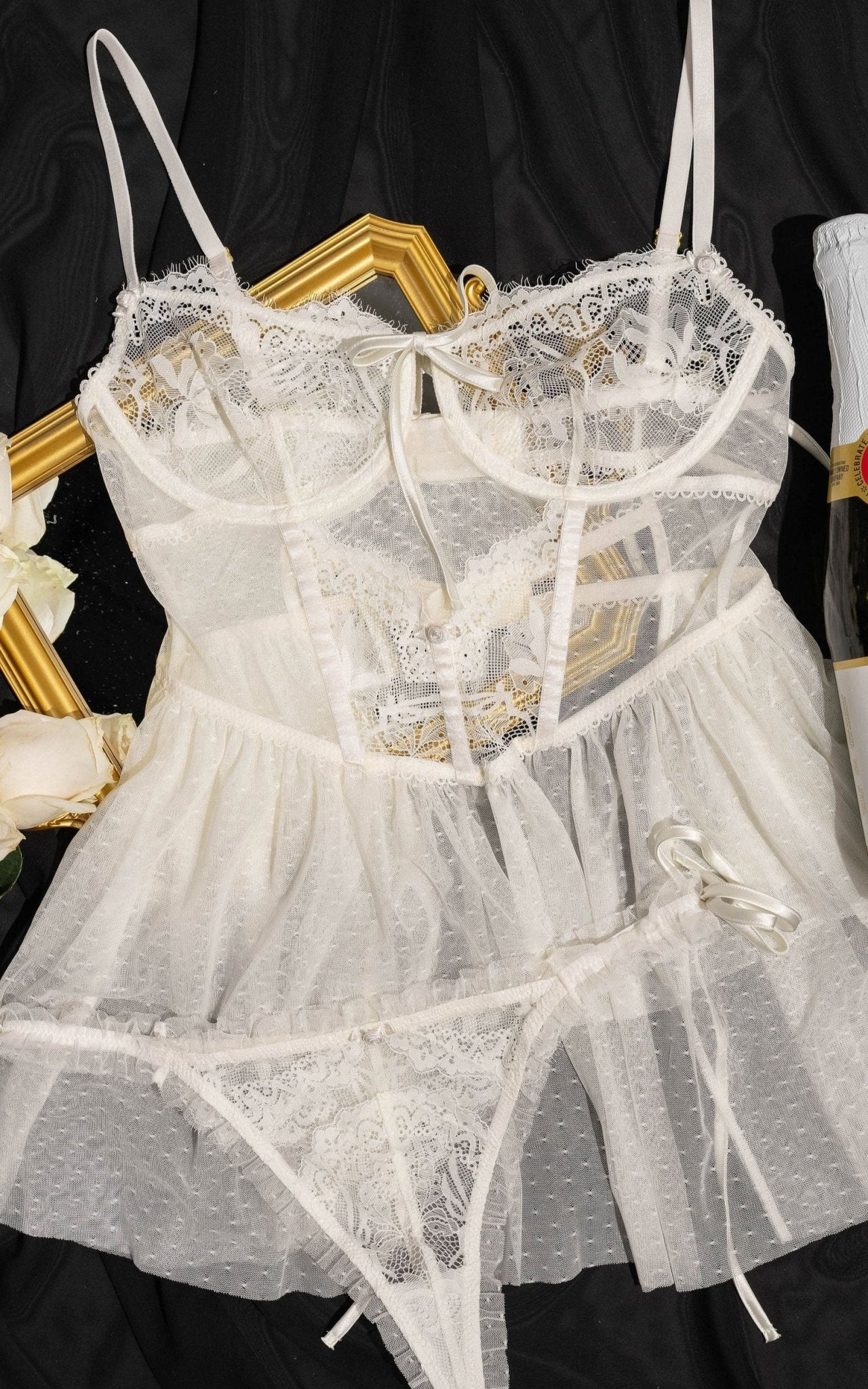 Lace & Mesh Bustier Tiered Babydoll - Pearl - Mentionables