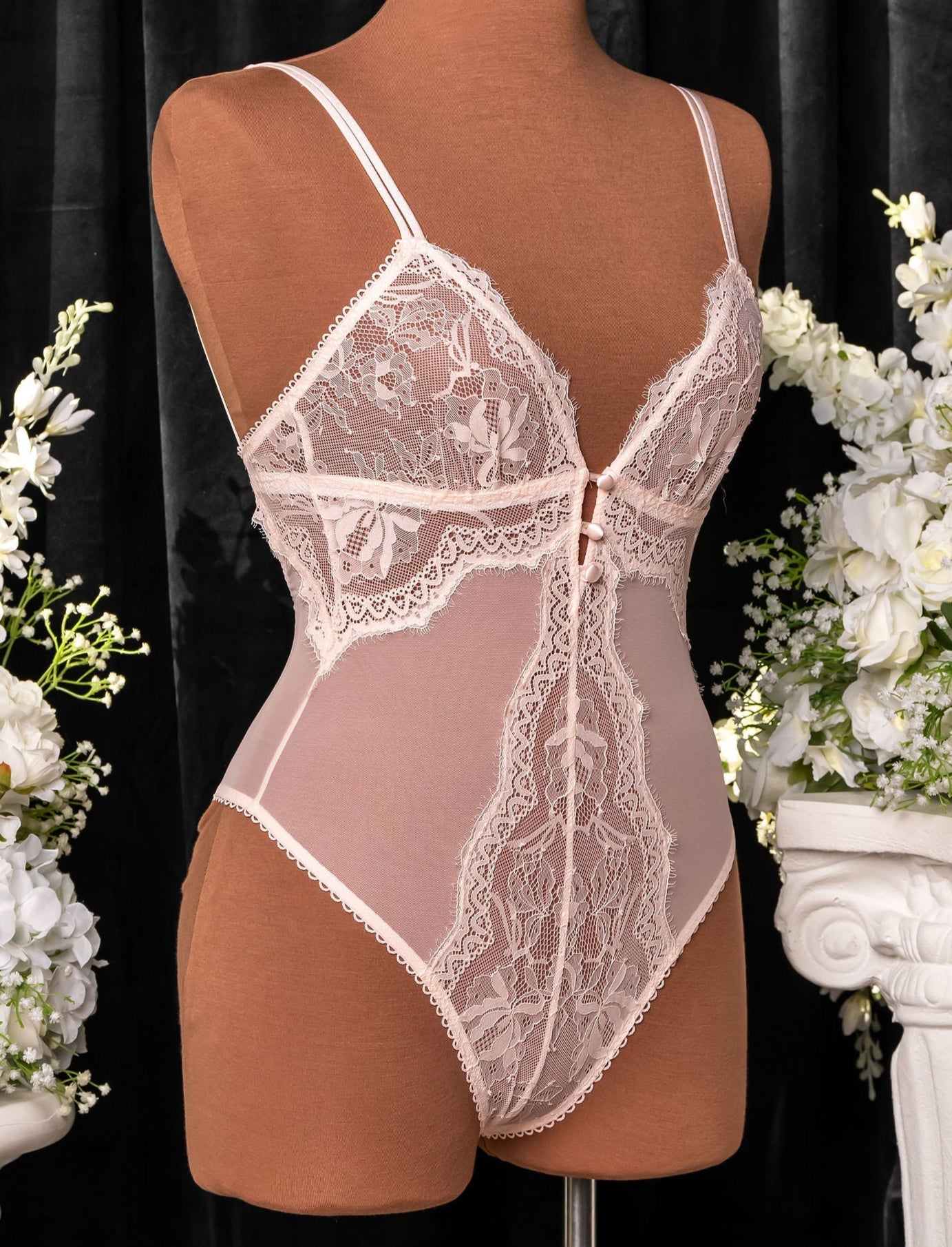 Lace & Mesh Button Teddy - Champagne - Mentionables