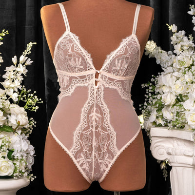 Lace & Mesh Button Teddy - Champagne - Mentionables