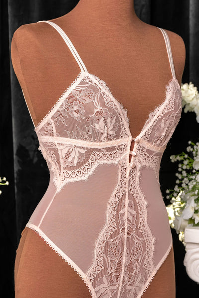 Lace & Mesh Button Teddy - Champagne - Mentionables