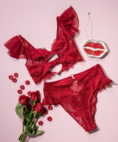 Lace & Mesh Keyhole Bralette - Red - Mentionables