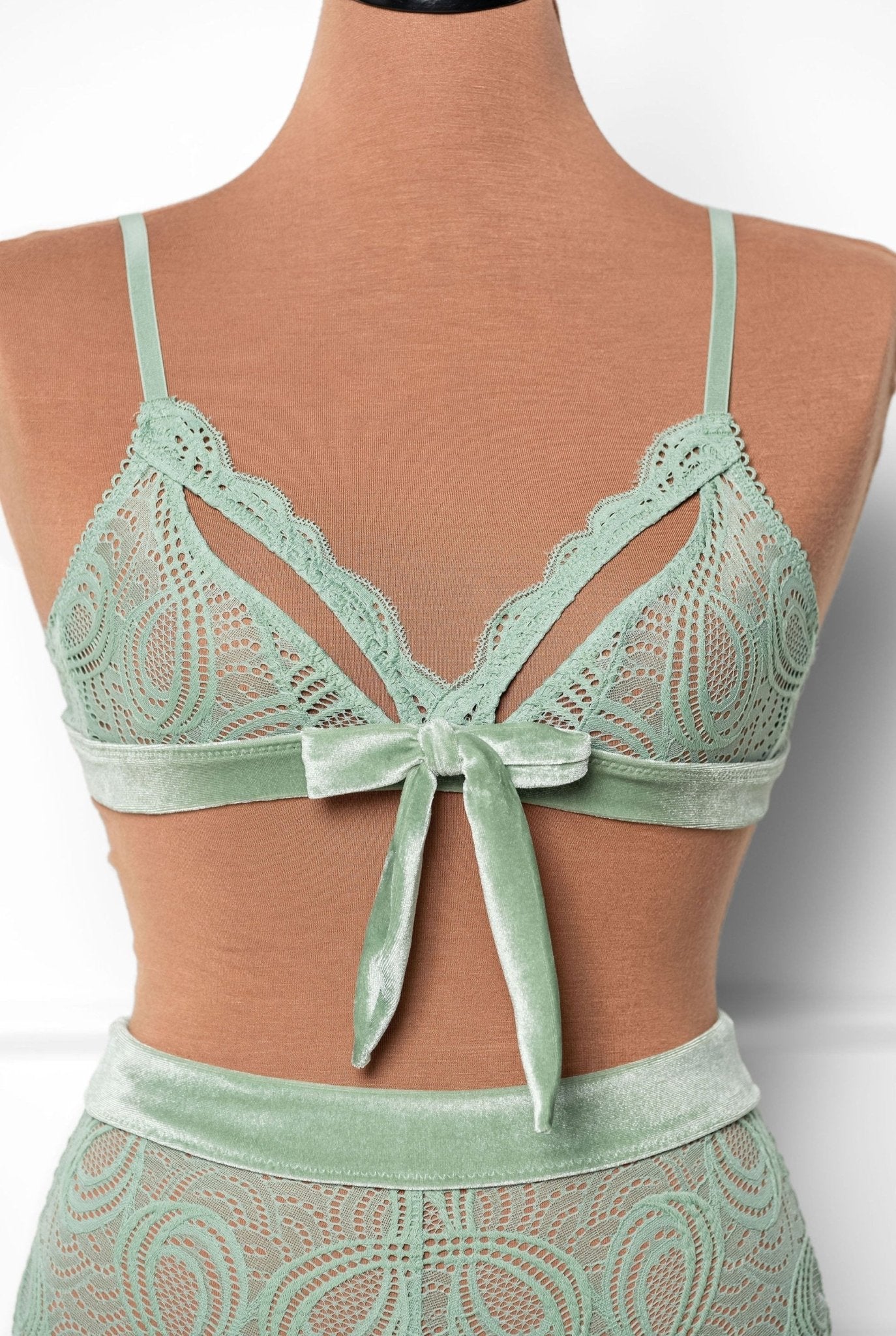 Lace & Velvet Caged Bralette - Misty Jade - Mentionables