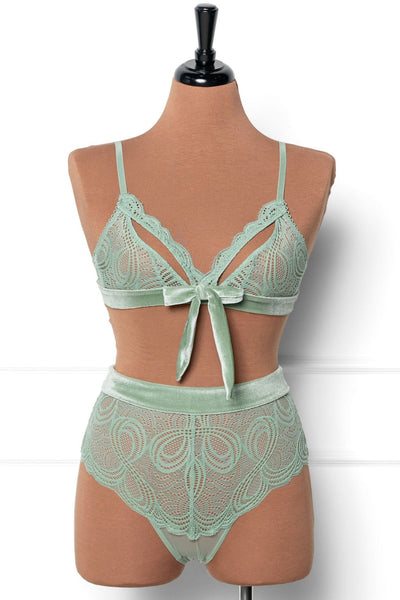 Lace & Velvet Caged Bralette - Misty Jade - Mentionables