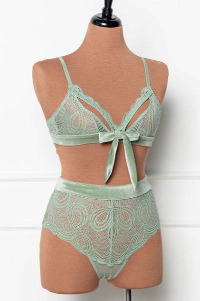 Lace & Velvet Caged Bralette - Misty Jade - Mentionables