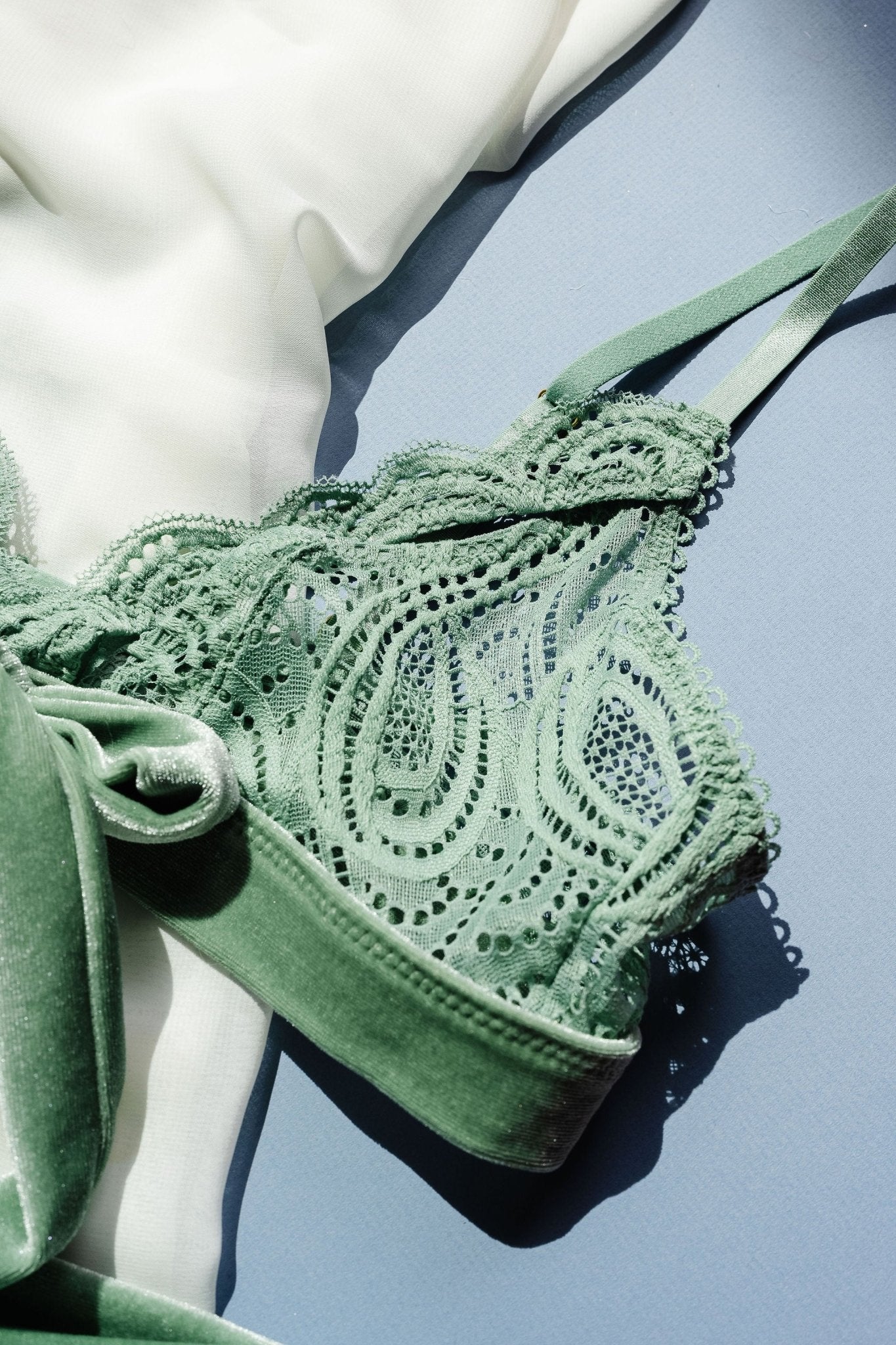 Lace & Velvet Caged Bralette - Misty Jade - Mentionables