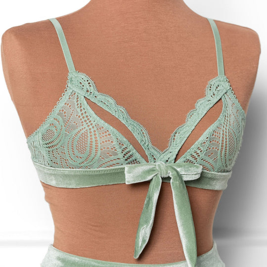 Lace & Velvet Caged Bralette - Misty Jade - Mentionables