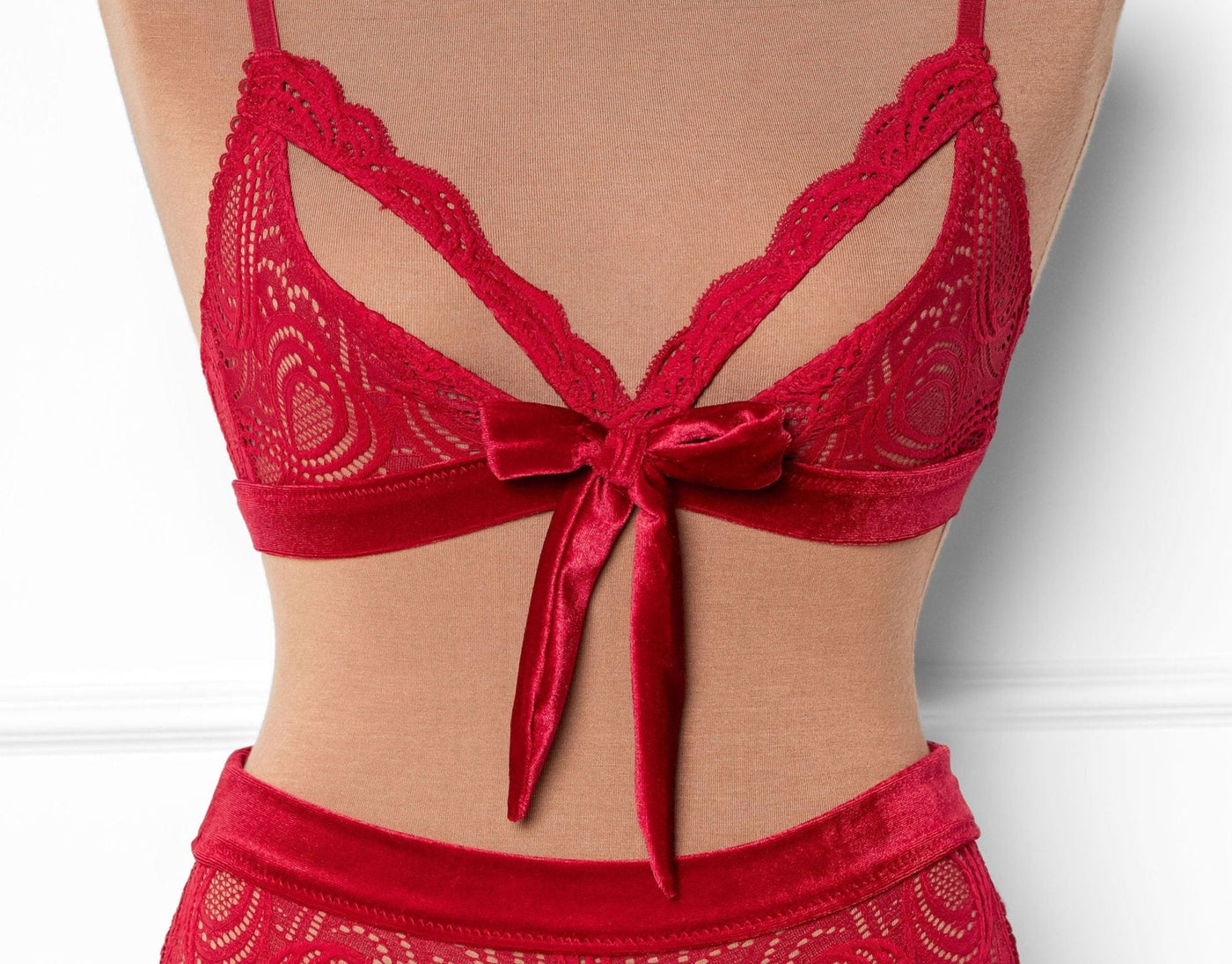 Lace & Velvet Caged Bralette - Red - Mentionables