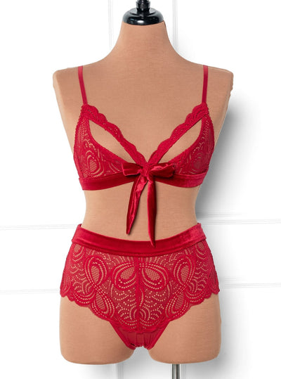 Lace & Velvet Caged Bralette - Red - Mentionables