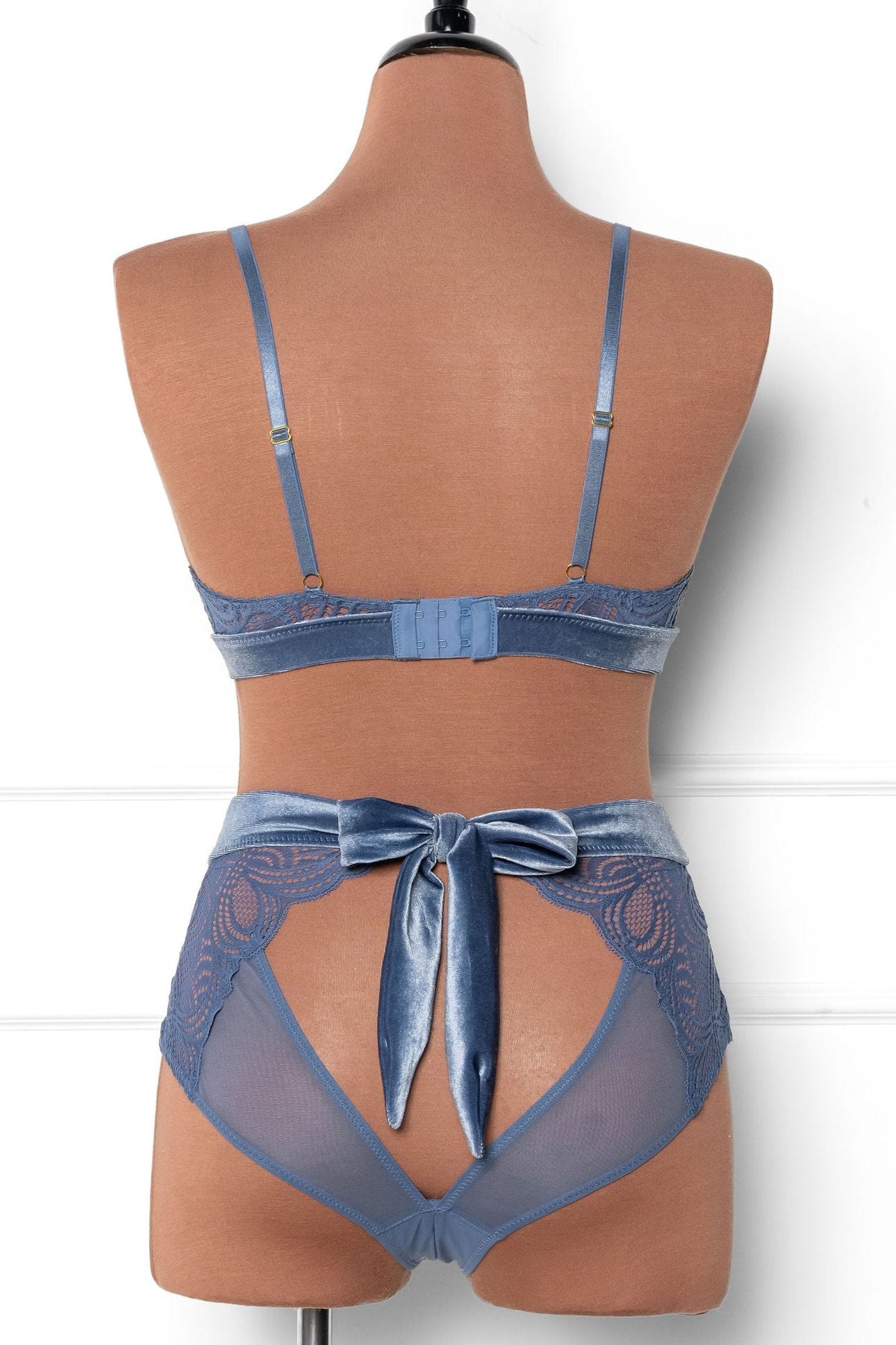 Lace & Velvet Caged Bralette - Winter Blue - Mentionables