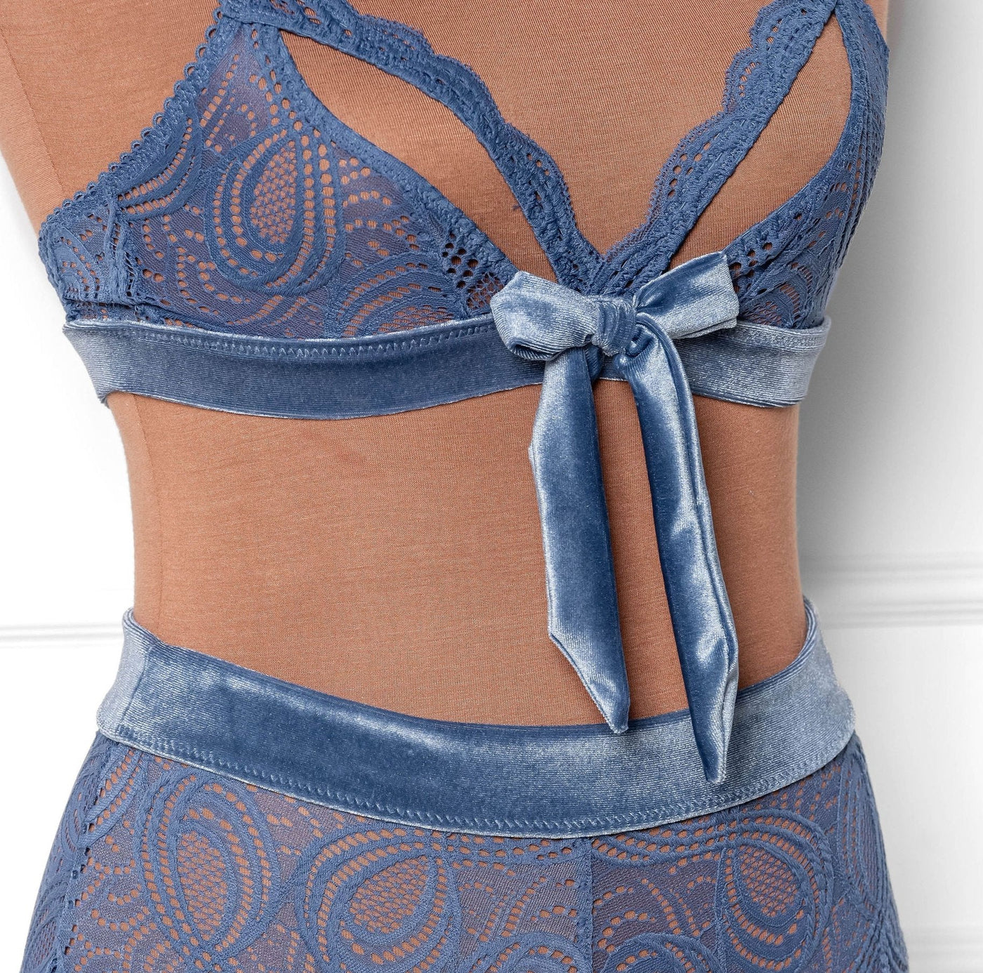 Lace & Velvet Caged Bralette - Winter Blue - Mentionables