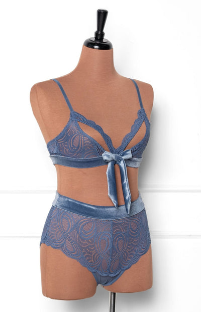 Lace & Velvet Caged Bralette - Winter Blue - Mentionables