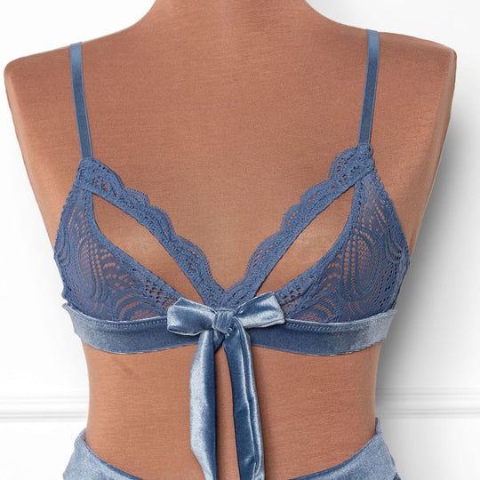 Lace & Velvet Caged Bralette - Winter Blue - Mentionables