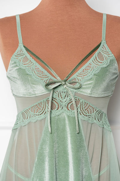 Lace & Velvet Strappy Babydoll - Misty Jade - Mentionables