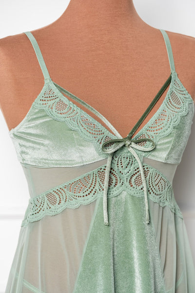 Lace & Velvet Strappy Babydoll - Misty Jade - Mentionables